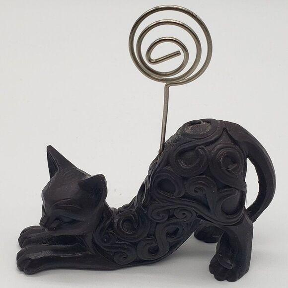 Deep Brown Resin Scroll Design Stretching Cat Swirl Wire Card Photo Holder - Picture 3 of 9